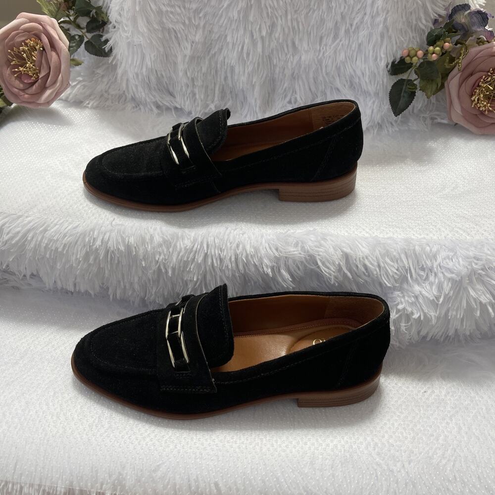Franco Sarto Vara Women’s 8.5M Black Suede Loafers Horsebit Slip On Shoes Preppy